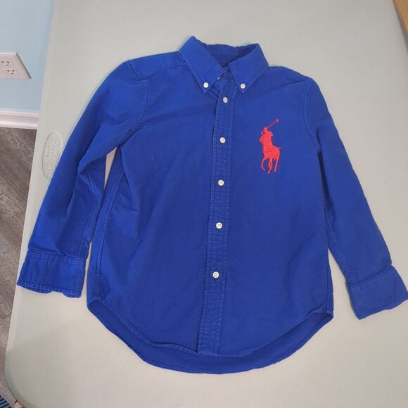 Polo Ralph Lauren Button-Down Blue Large Logo Dress Shirt Boy Youth 5 big pony - Picture 1 of 6